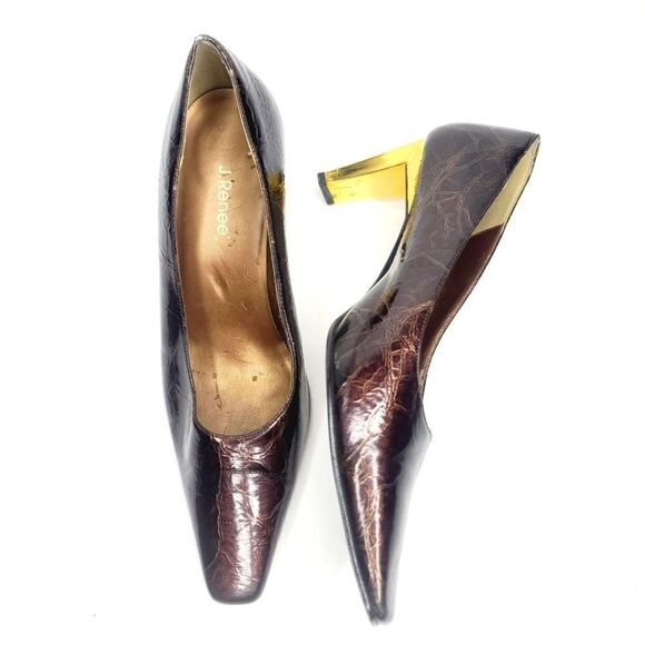 Vintage 90s J. Renee Bronze Metallic Block Heel Square Pointy Toe Heels size 8 - Picture 1 of 15